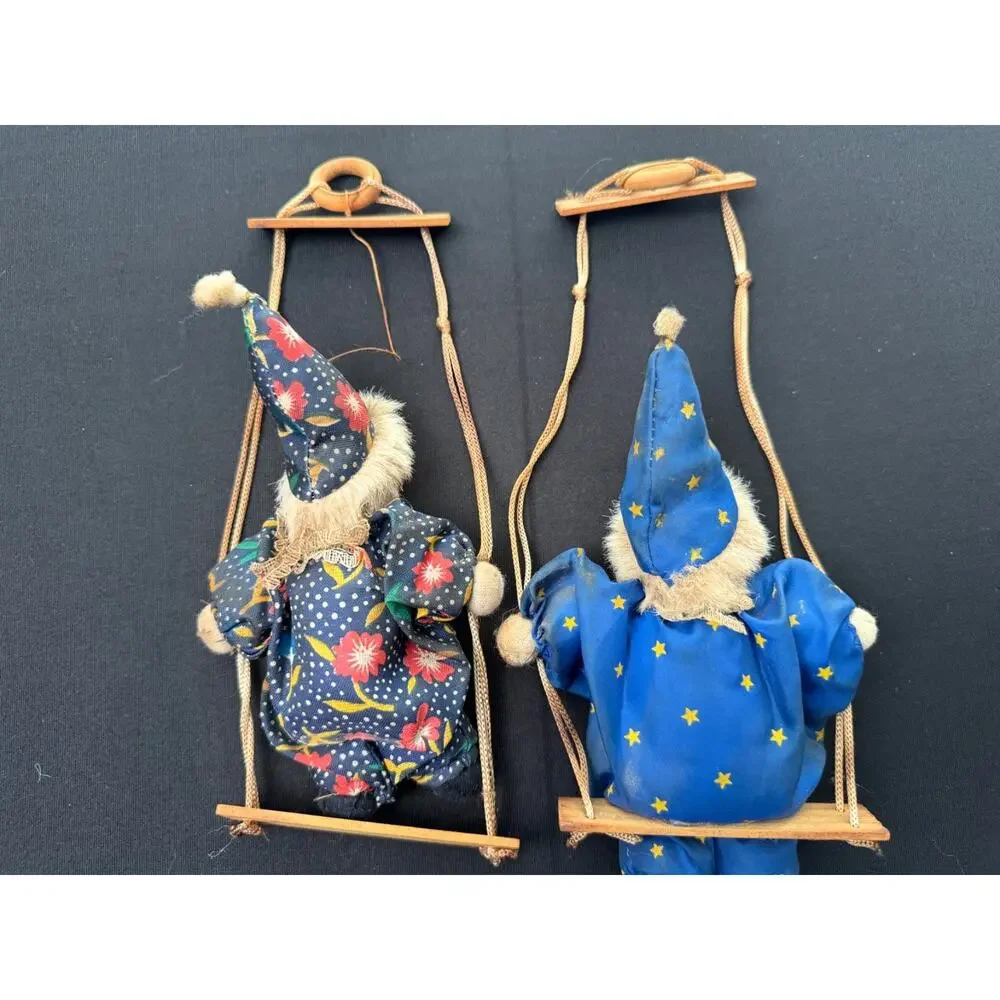 Pair of Vintage Hanging Porcelain Face Clowns Wooden Swings Star Floral Fabric